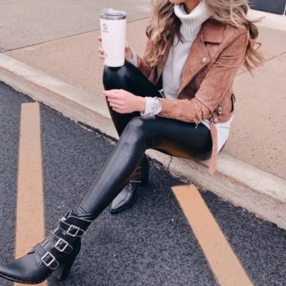 High waist fold over leather Leggings Black Matte - Picture 2 of 7